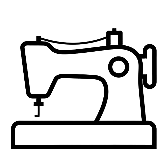 Icon of a needle and thread with black outline and white fill